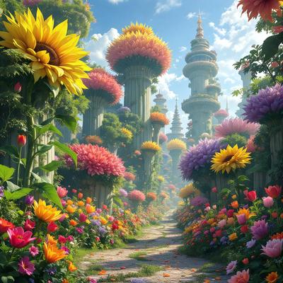 The primary subject of the image is a path surrounded by a variety of colorful flowers. The setting is a garden with a mix of different flowers, creating a vibrant and lively atmosphere. The visual style of the image is a digital art or illustration, showcasing the beauty of the flowers and the path. The colors and mood of the image are predominantly bright and cheerful, with the flowers adding a sense of warmth and liveliness to the scene.
